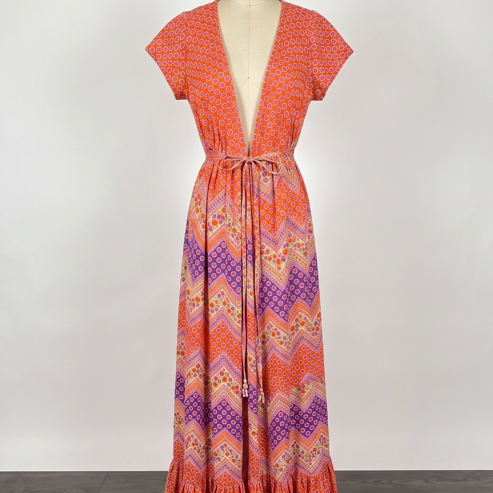 Vtg 70s Saramae Lingerie Psychedelic Floral Maxi Wrap Dress Hostess Gown